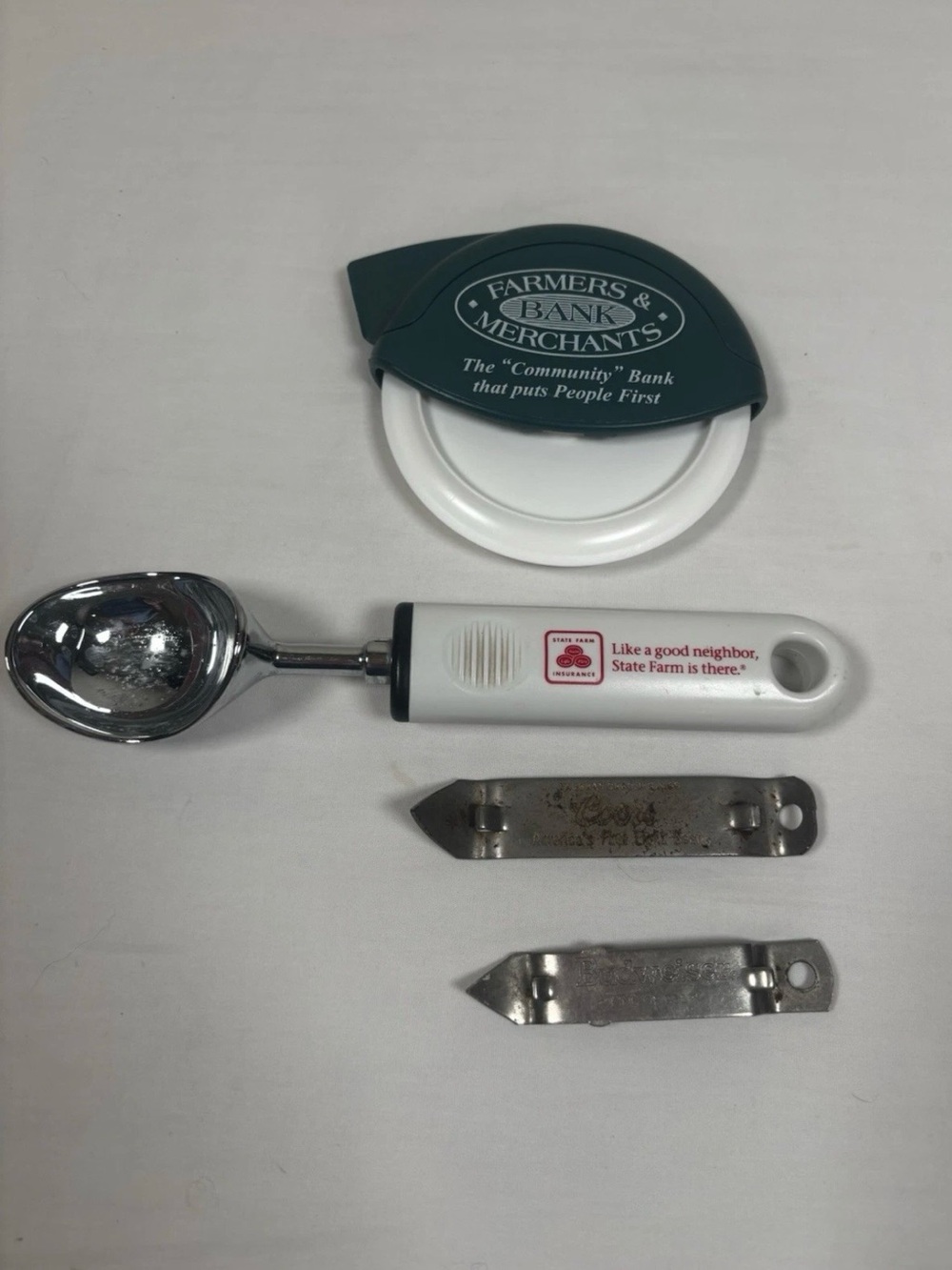 Set of 4 Vintage Advertising Kitchen Items: Coors, Budweiser, Farmers, StateFarm